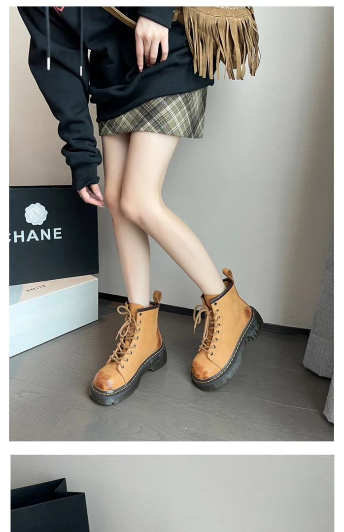 头层牛皮皮毛一体羊羔毛内里大黄靴西部牛仔靴圆头厚底短靴尤莱特