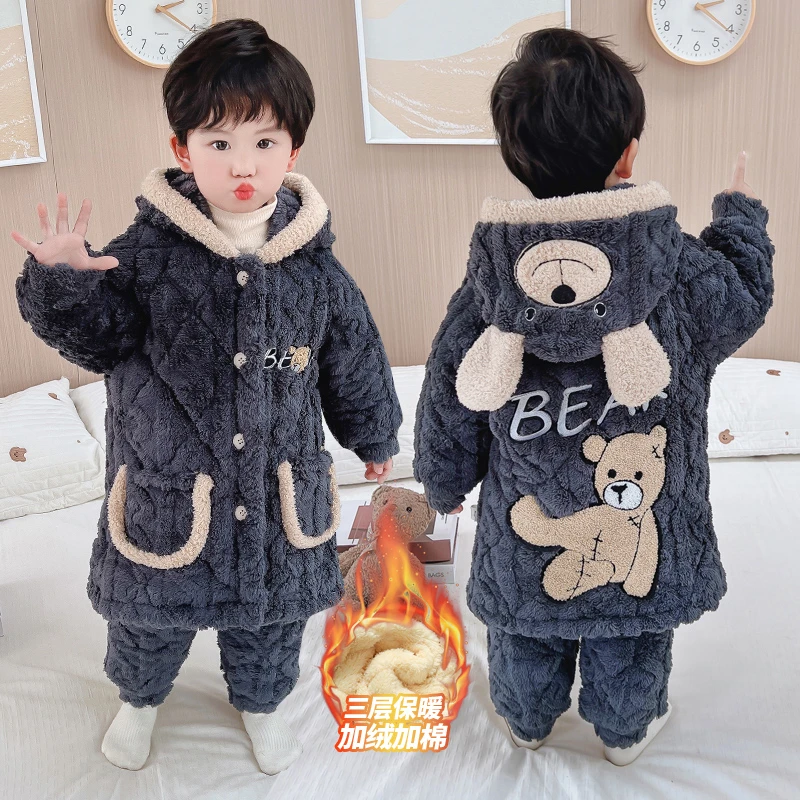 儿童睡衣冬款2024新款三层夹棉加绒加厚秋冬季男童珊瑚绒保暖套装