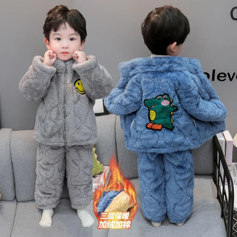冬季儿童睡衣三层夹棉男孩宝宝加厚保暖珊瑚绒男童冬款家居服套装