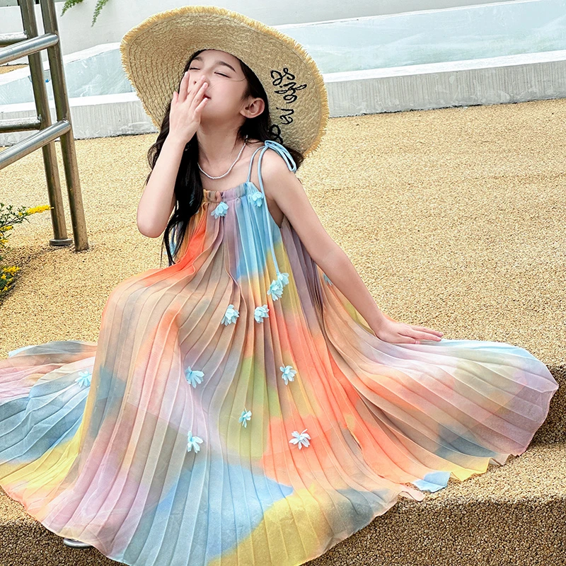 女童连衣裙2024夏季新款儿童吊带挂脖沙滩长裙女大童度假公主裙子