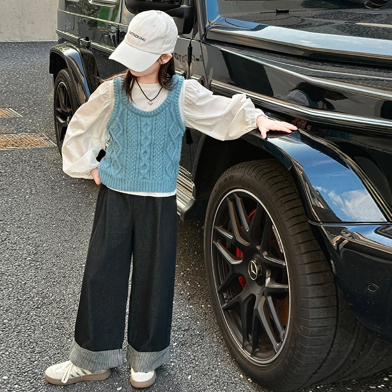 女童毛衣马甲阔腿裤套装秋冬装2024新款中大童衬衫潮酷甜美三件套