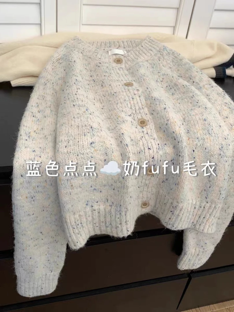 奶fufu白色毛衣慵懒风织衫开衫女25年春季新款宽松圆领毛衣外套