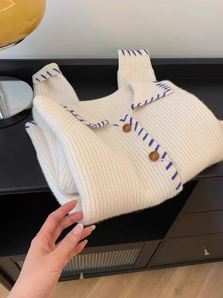 编织款翻领单排扣针织衫开衫灰色毛衣女2025年新款宽松秋季外套