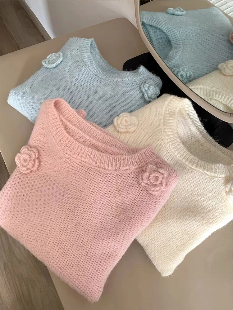 六朵小花/小香风马海毛针织短袖女2025年早春新款宽松百搭时尚潮