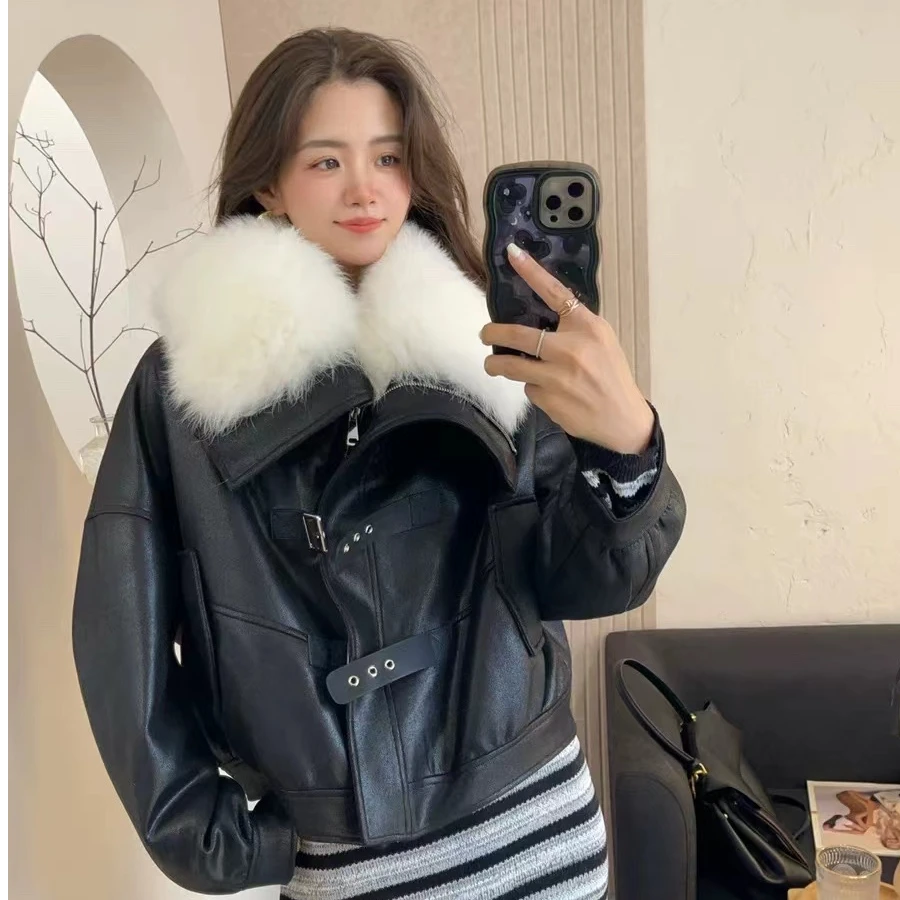 海宁酷酷机车风2024秋冬新款狐狸毛领皮草外套短款爆款鹅绒服大衣