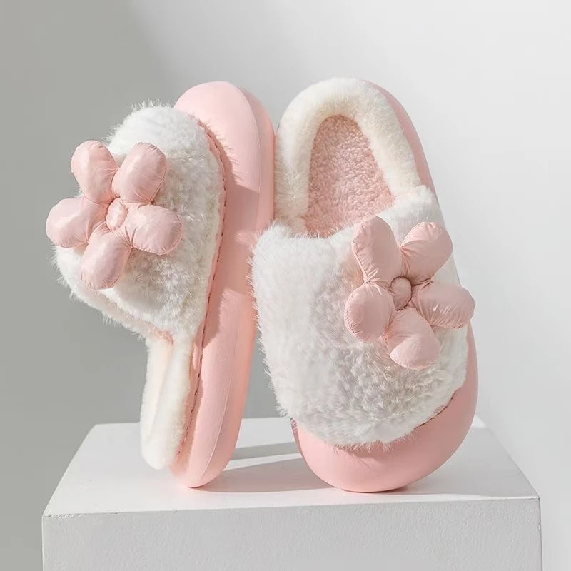 秋冬季新款花朵棉拖鞋女士室内居家家用毛绒可爱保暖加厚底可外穿