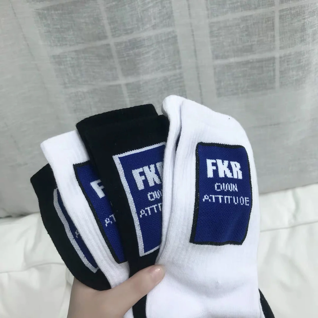 棉韩国ulzzang原宿港风长袜子女简约字母FKR潮牌中筒袜子男女
