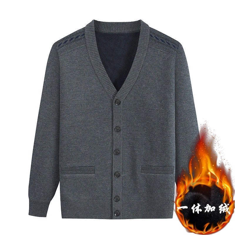 爸爸毛衣加绒加厚老人开衫宽松爷爷保暖衣中老年上装男V领针织衫
