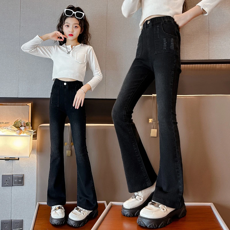 女童裤子2024新款春秋洋气韩版女孩儿童中大童春季弹力牛仔喇叭裤