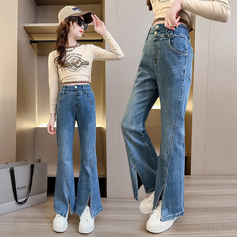 女童牛仔裤春秋装裤子网红长裤弹力韩版儿童中大童春季开叉喇叭裤