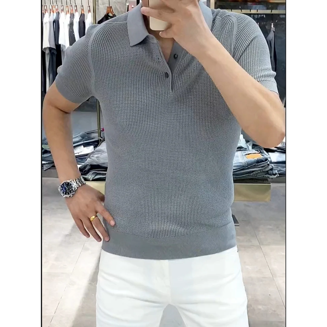 男士夏季透气针织衫薄款简约舒适商务休闲百搭纯色凉感领口polo衫