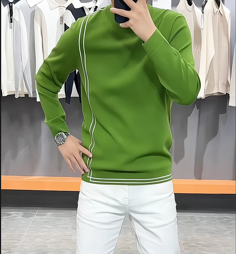 2024秋冬时尚潮流撞色条纹个性高品质舒适休闲柔男生黑色高领毛衣