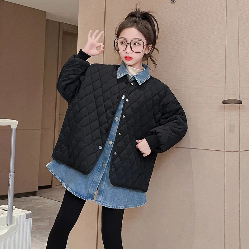 女童外套秋冬装2023新款洋气儿童夹棉加厚冬季韩版时髦假两件棉衣
