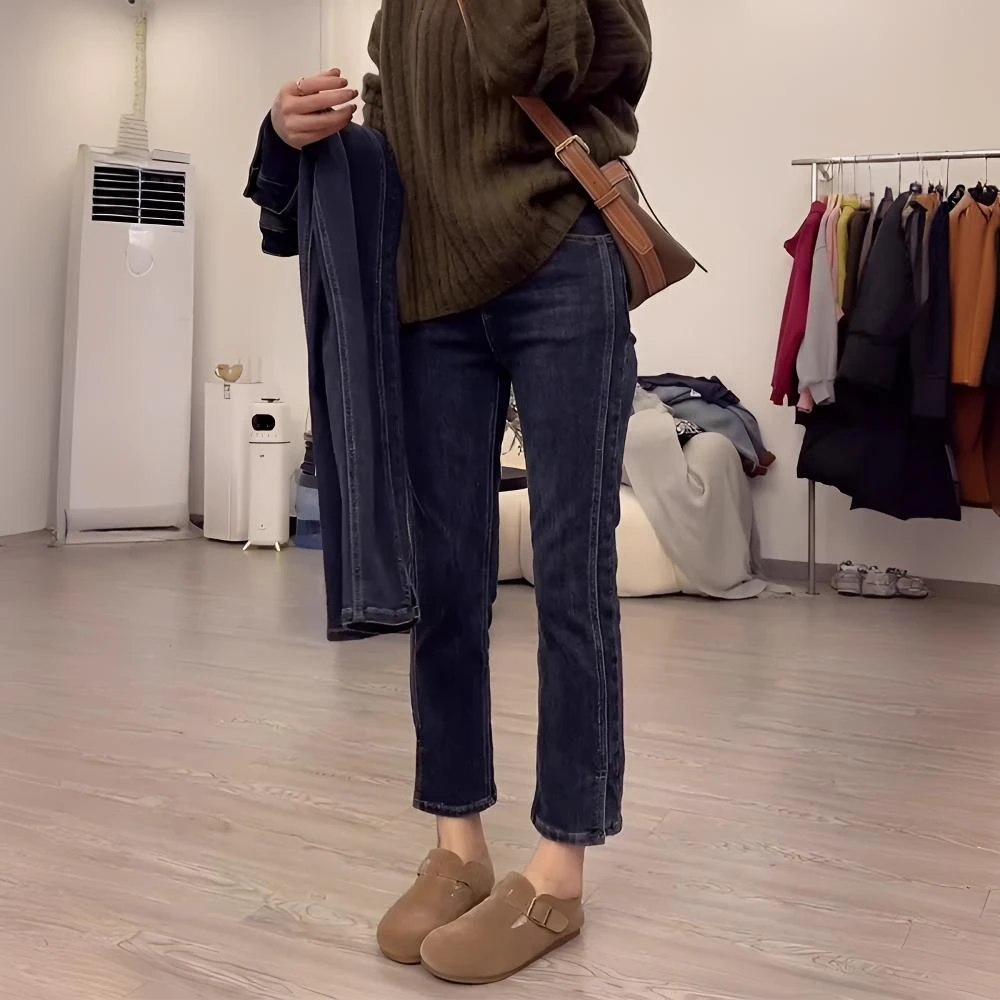 2025春秋新款女装大码高腰直筒牛仔裤显瘦胖mm梨型身材弹力烟管裤