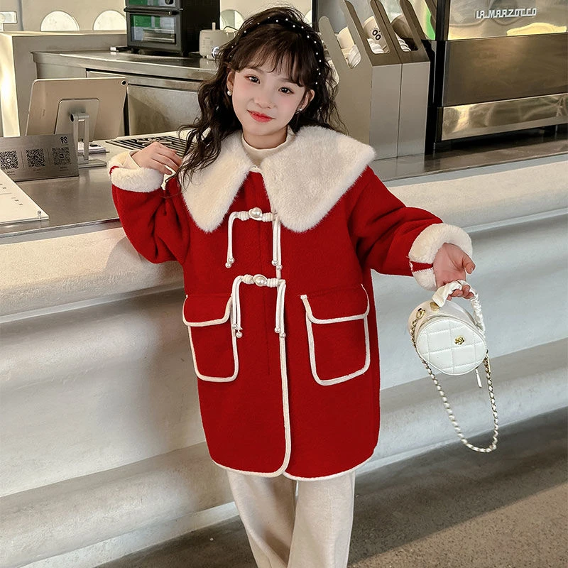 女童加绒加厚冬红色外套洋气中大童中长款大翻领儿童新年童装毛呢