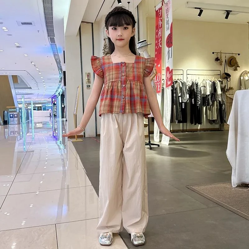 女童夏季套装2025新款清新飞袖时尚中大童洋气甜美格子两件套