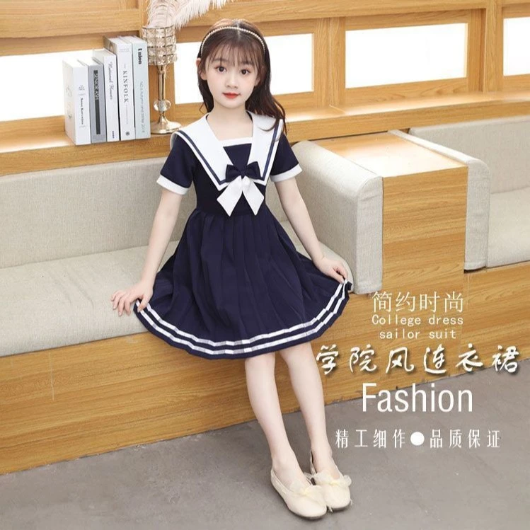 女童连衣裙短袖中长款学院风网红百褶裙女孩海军风夏季中大童裙子