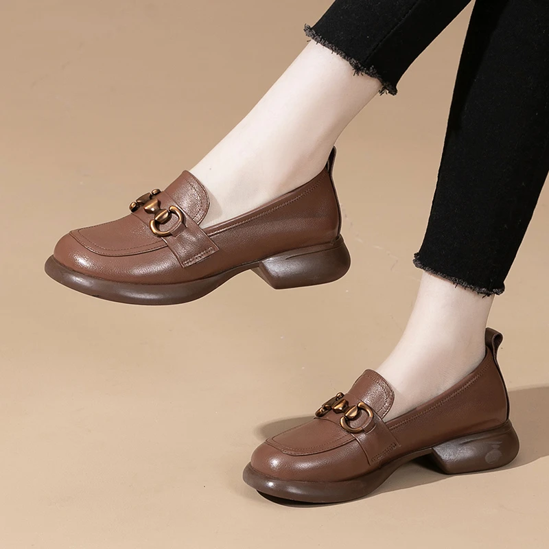 春秋季真皮圆头粗跟乐福鞋女低跟软底百搭厚底休闲通勤妈妈鞋6025