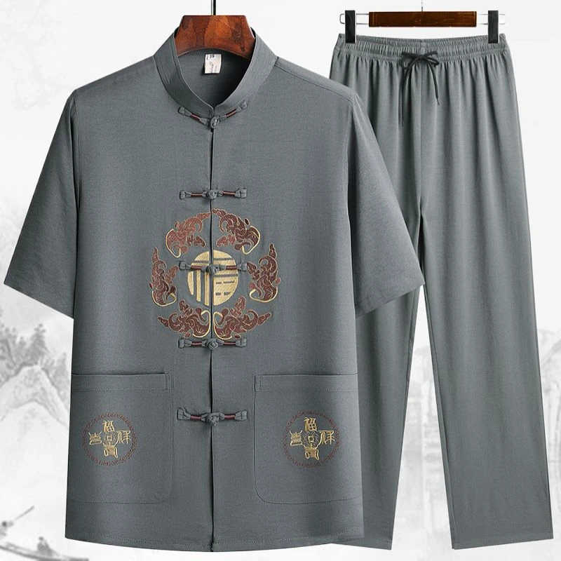 中老年人新中式夏季套装唐装短袖冰丝衬衫刺绣爸爸晨练爷爷汉服薄