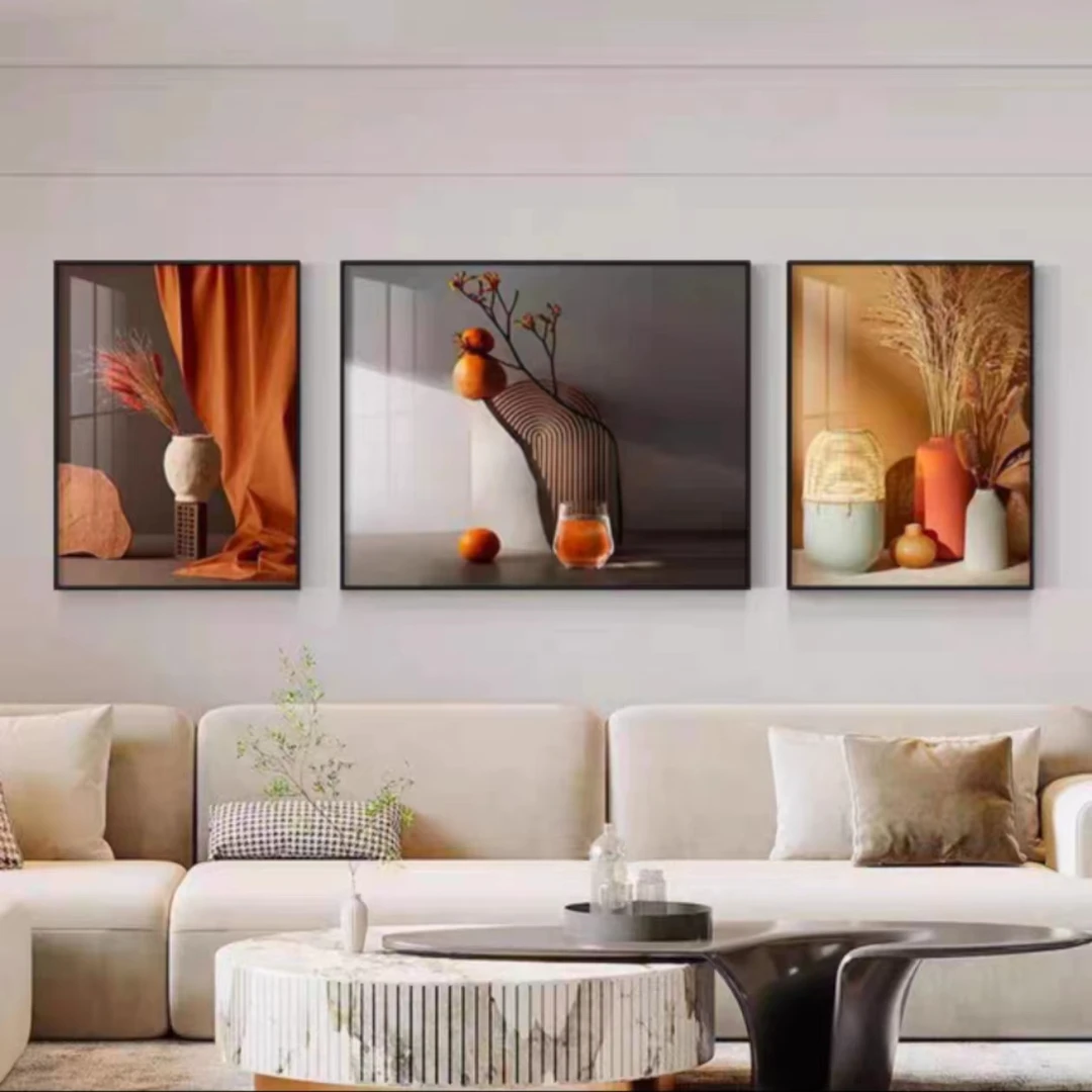 丰收现代轻奢奶油风客厅三联新中式画沙发背景墙挂画北欧风壁画