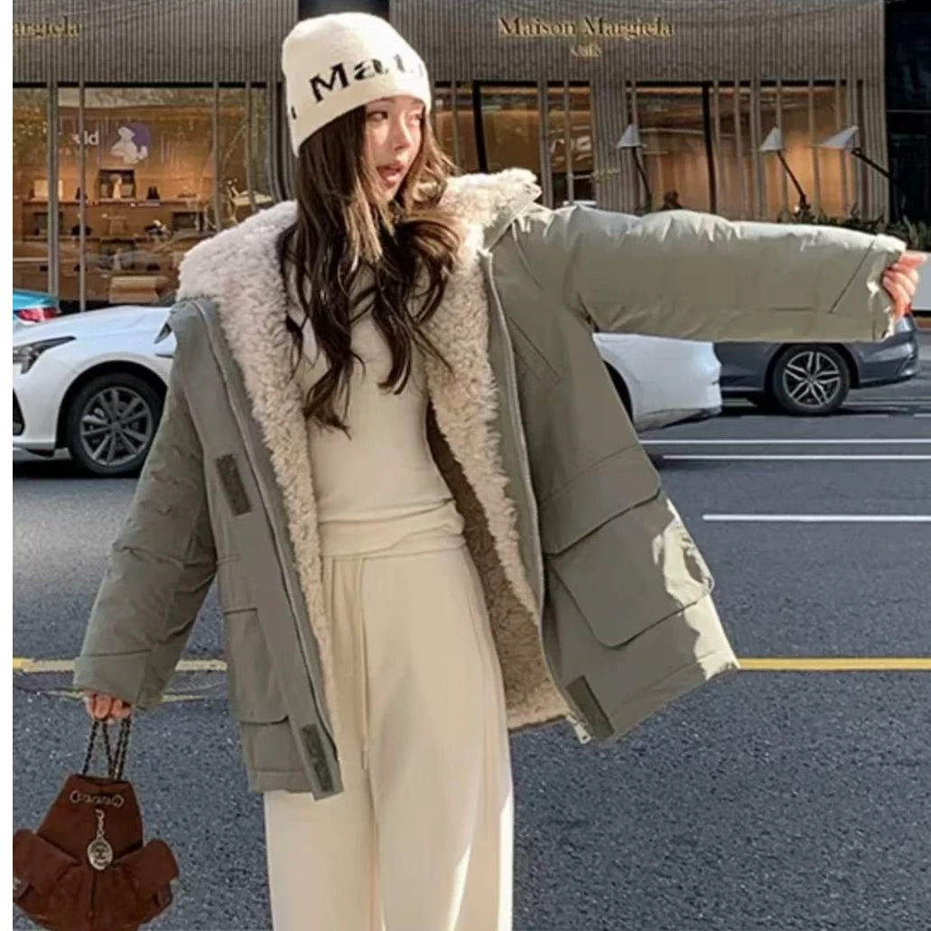 冬天绿色工装派克冲锋衣女中长款加厚羊羔毛绒拼接外套冬季257751