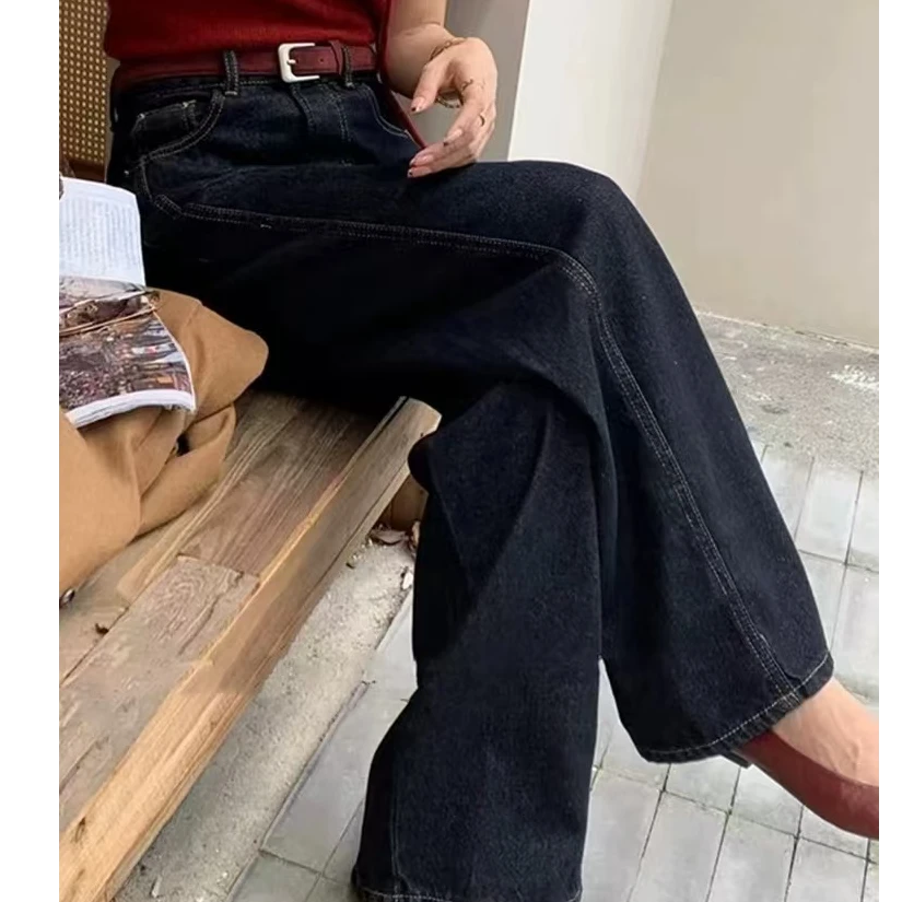 AIWANMEI黑色加绒加厚直筒牛仔裤女窄版阔腿裤冬高腰显瘦IWB3299