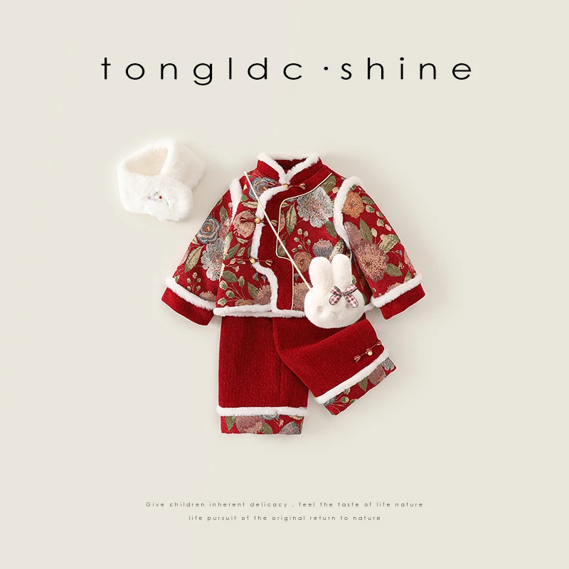 中性款中国风男宝女宝新款唐装红色拜年服加绒宝宝周岁礼服百天冬