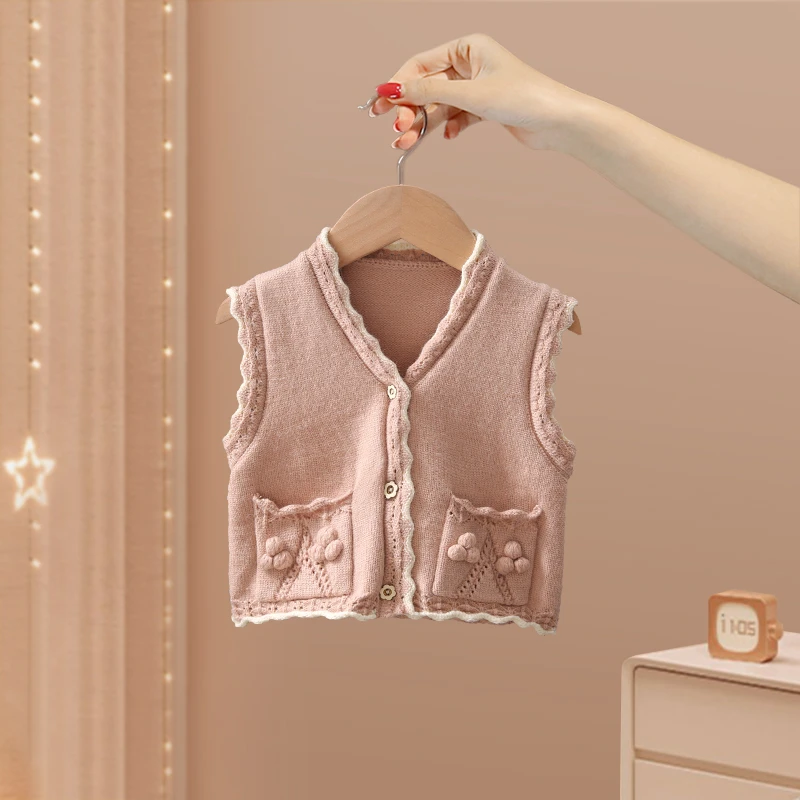 XC童品设计师款女童秋新款粉色保暖针织马甲时尚百搭款