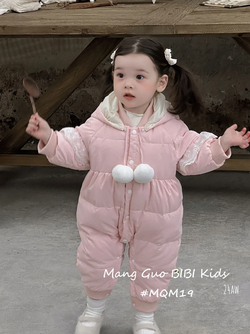 （轻薄款）婴儿连体衣冬季爬爬服轻薄款蕾丝袖毛球白鸭绒羽绒服19