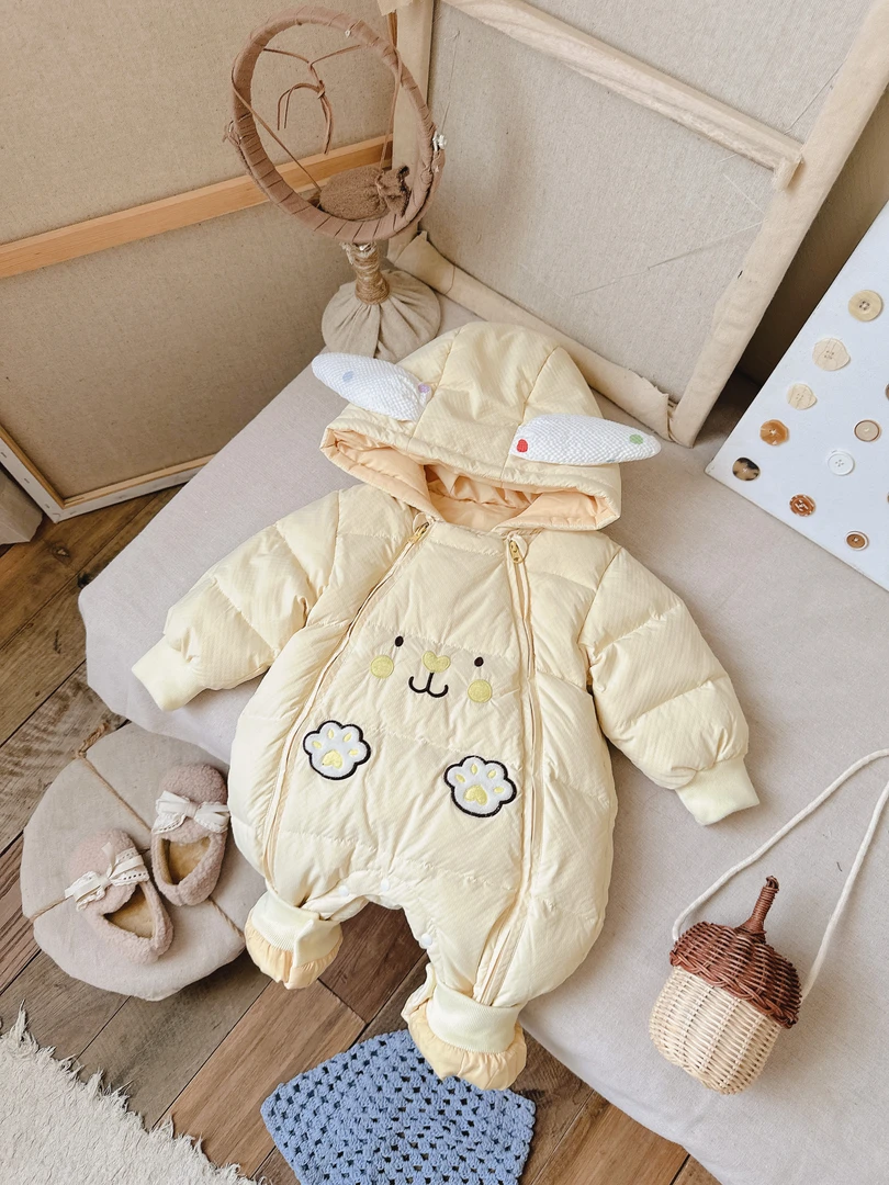 冬季零下加厚婴儿宝宝连帽保暖白鸭绒卡通兔爪羽绒服哈衣6006