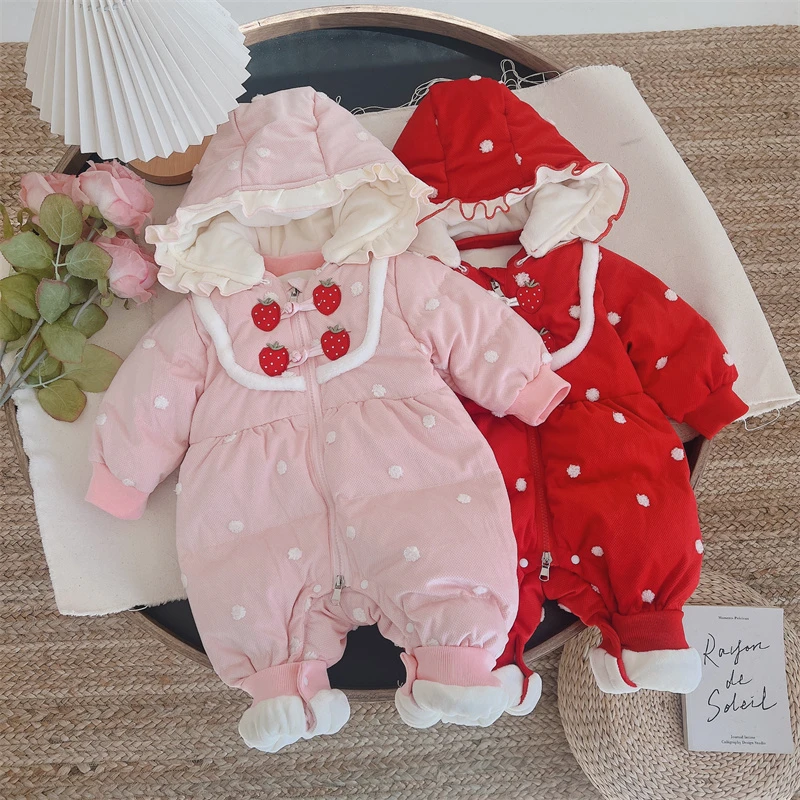 加绒厚羽绒服白鸭绒草莓哈衣连体衣婴幼儿冬季宝宝婴儿碎花6591