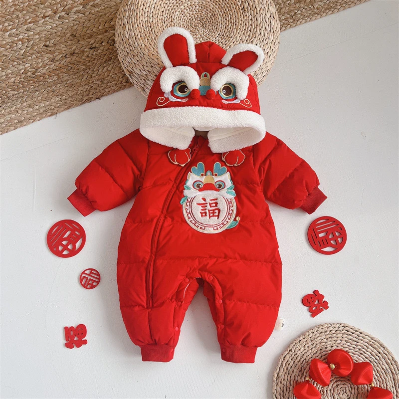 婴红色宝宝加绒中国风保暖喜庆冬季加厚幼儿醒狮拜年服白鸭绒2398