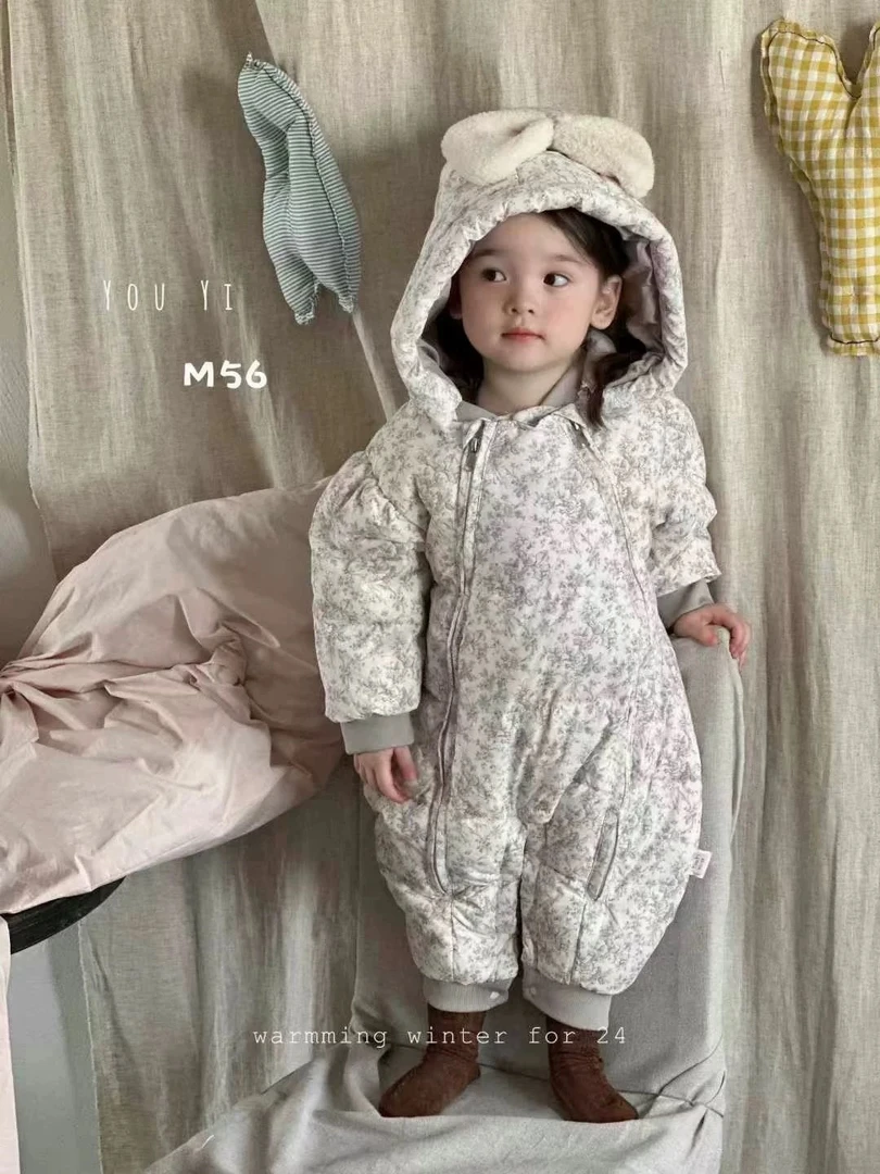 婴儿白鸭绒宝宝连体哈衣双拉链森系清新蝴蝶结帽公主羽绒服2456