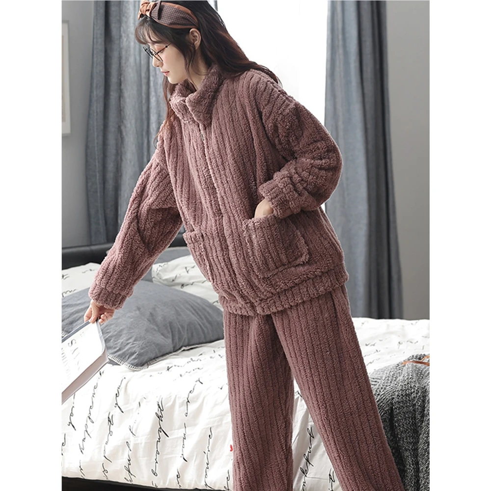 睡衣女秋冬季珊瑚绒加厚款加绒保暖拉链韩版可外穿冬天家居服套装