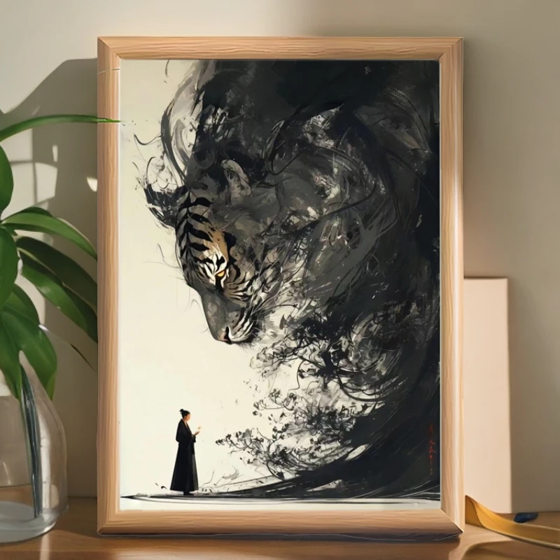 心有猛虎复古装饰画网红座右铭木制中式挂画摆饰知足常乐字画创意