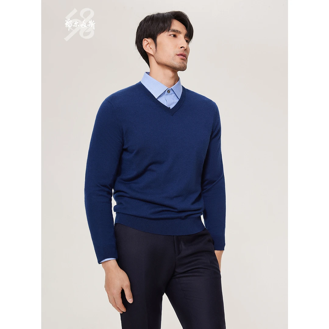 头道绒抗静电|鄂尔多斯1980 秋冬纯羊绒V领虚提男针织套衫
