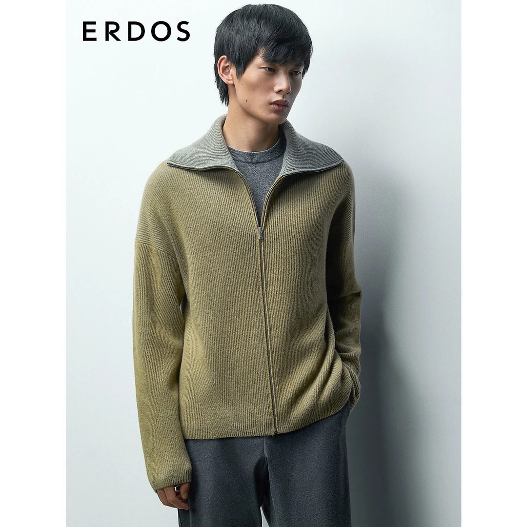 ERDOS 男装纯羊绒开衫秋冬法式海军领双畦针织衫宽松休闲