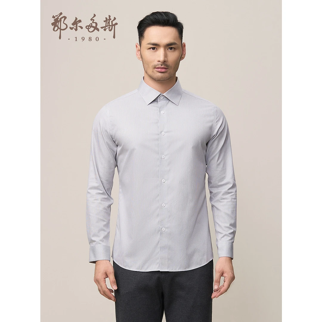 鄂尔多斯1980男装早春男士通勤风翻领长袖衬衫休闲百搭