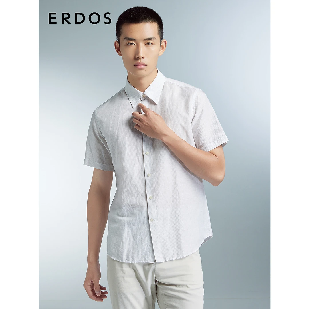 ERDOS 夏季亚麻棉混纺短袖衬衫男商务休闲竖条纹舒适衬衣A