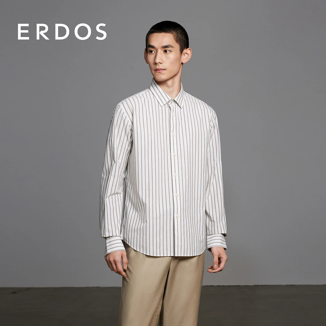 ERDOS纯棉男士长袖衬衫春夏翻领舒适休闲商务条纹男装衬衣