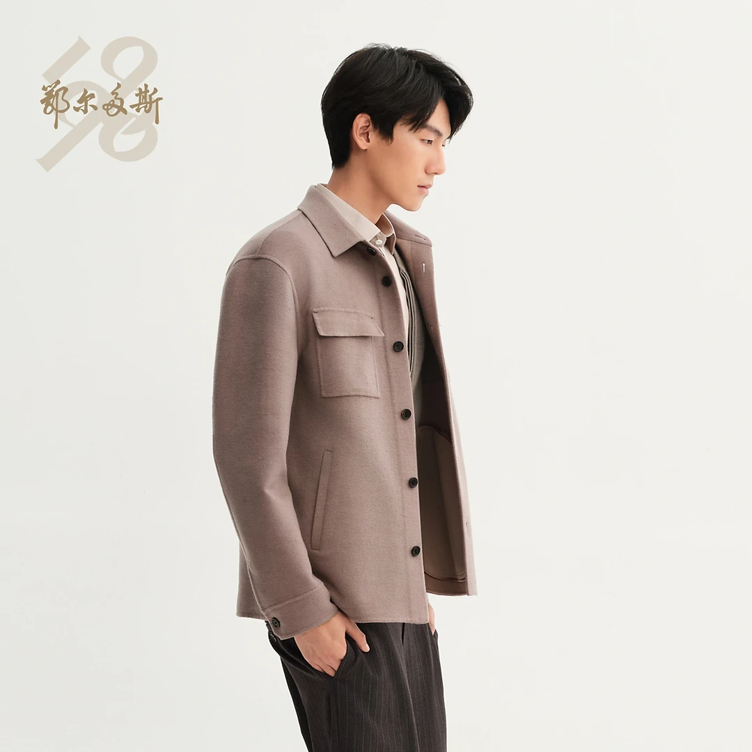 鄂尔多斯1980自然秩序 春精纺毛绒翻领双面呢男夹克