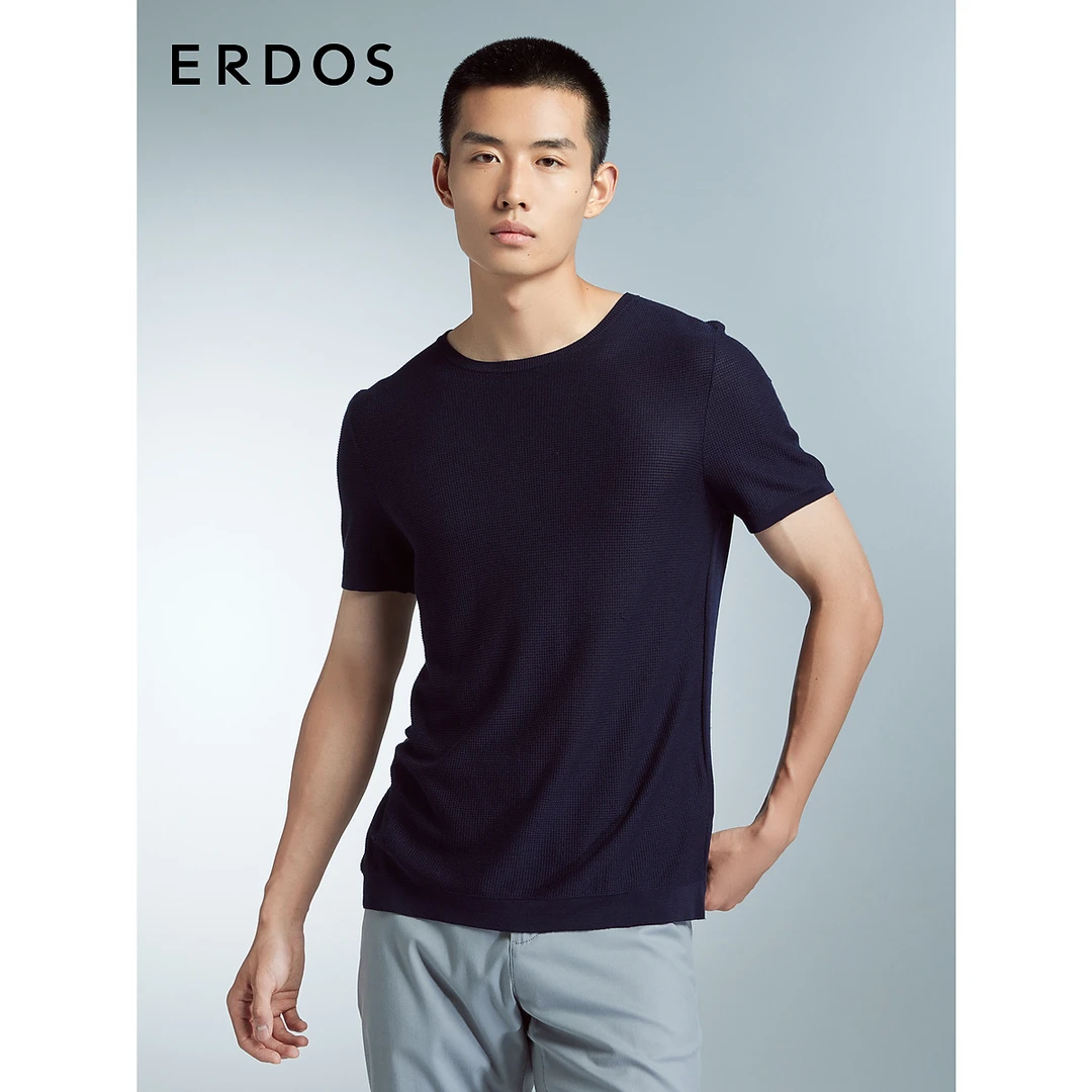 【真丝】ERDOS夏季圆领桑蚕丝针织半袖男简约前片双提T恤