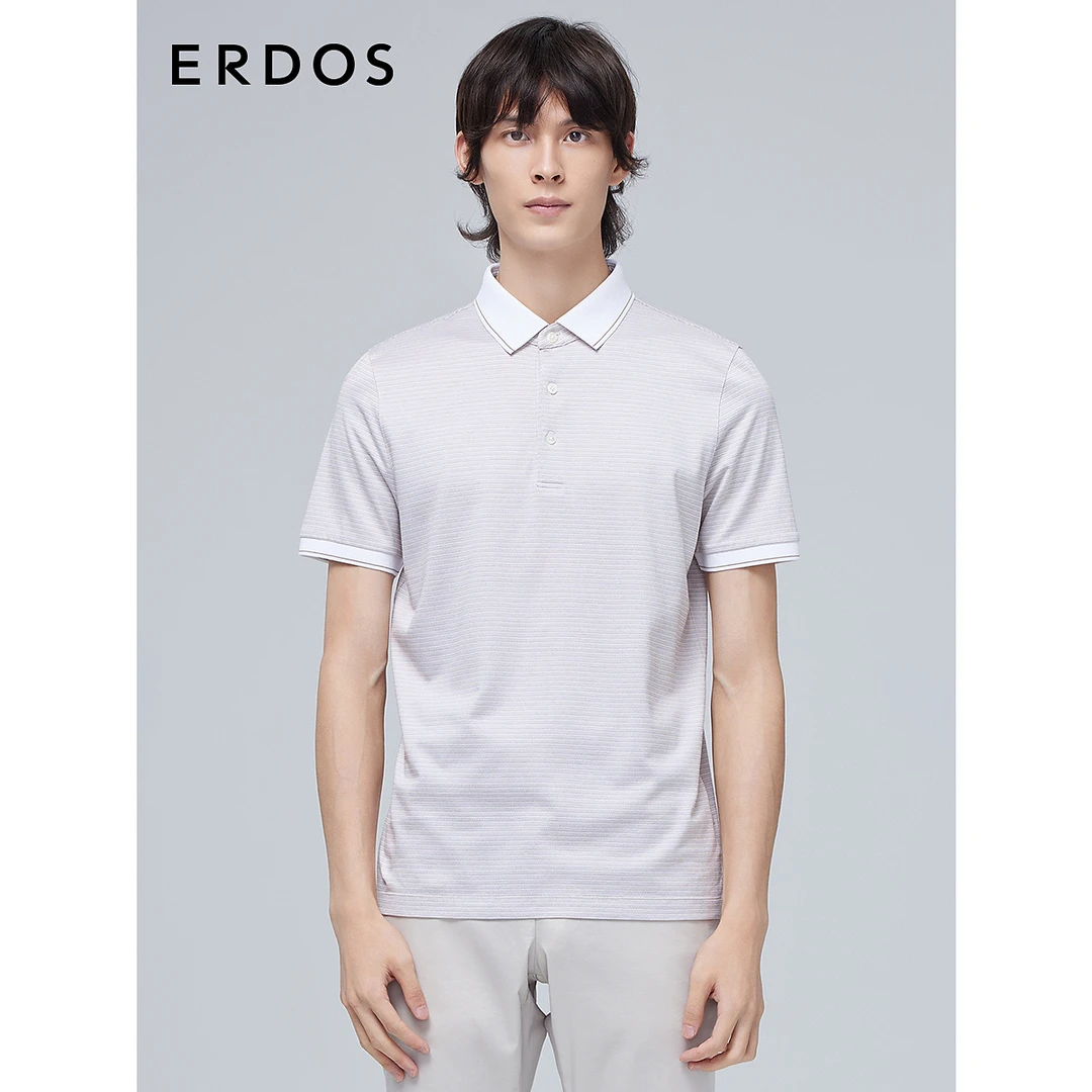 ERDOS 商务休闲短袖衫男夏季透气翻领小细条提花半袖男士T恤