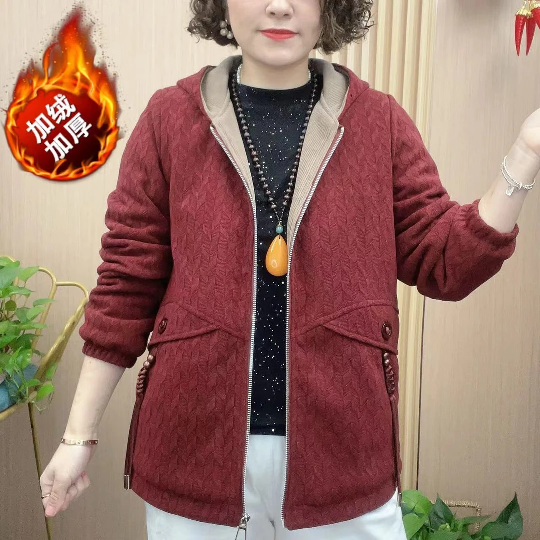 冬季新款女装时尚休闲百搭妈妈装连帽加绒加厚保暖宽松中老年外套