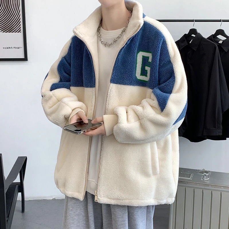 羊羔绒立领夹克男秋冬季拼接颗粒绒外套男加厚青少年保暖冬装衣服