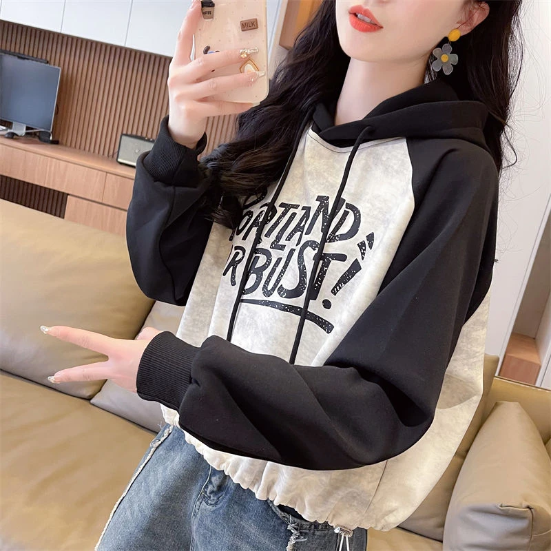 美式撞色扎染连帽肩袖长袖卫衣女新款春秋薄款宽松小个子短款上衣