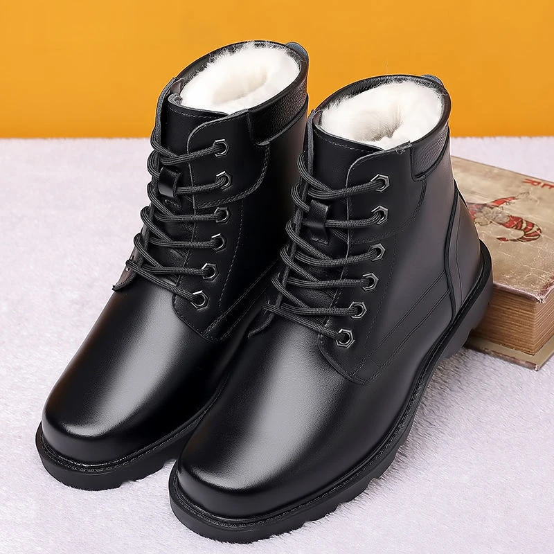 真皮羊毛保暖棉鞋加绒牛皮棉鞋男士棉鞋防滑雪地靴加厚马丁靴冬季