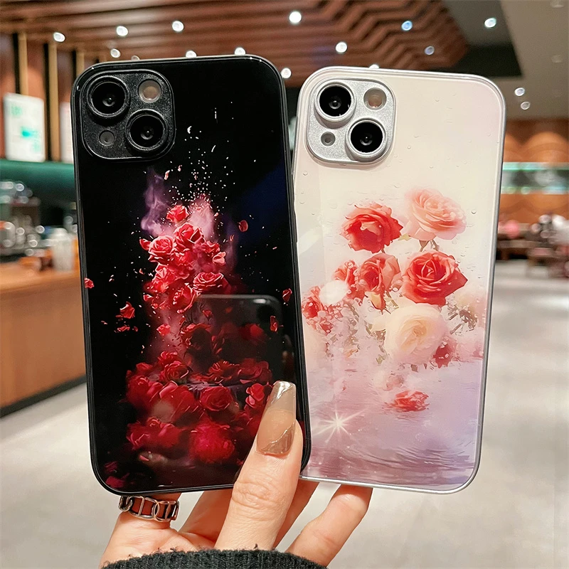 适用iPhone15promax苹果14高级手机壳保护套13鲜红玫瑰花12玻璃壳