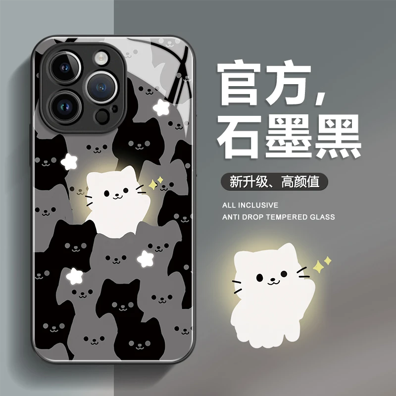 适用iPhone15promax苹果14高级手机壳保护套13黑白猫咪12玻璃壳11