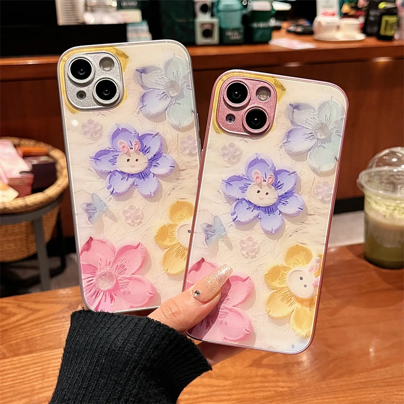 适用iPhone14promax苹果13高级感手机壳保护套11粉色花朵12玻璃壳